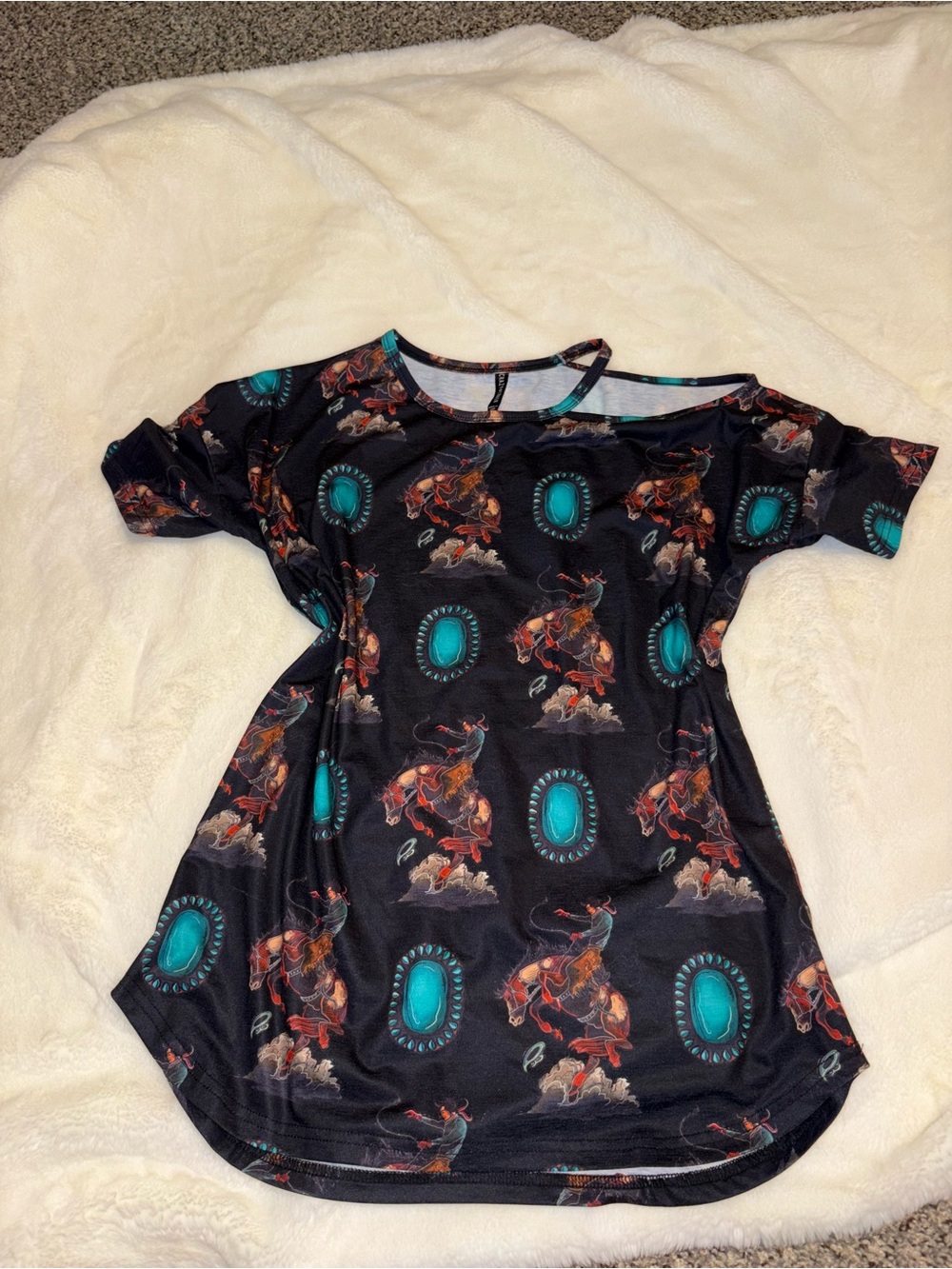 Crazy Train Black Top with Teal and Rust Western Motif